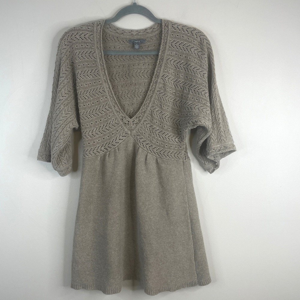 Vintage Y2K Deep V Longline Sweater Small Oatmeal Beige Crochet Elena Layering